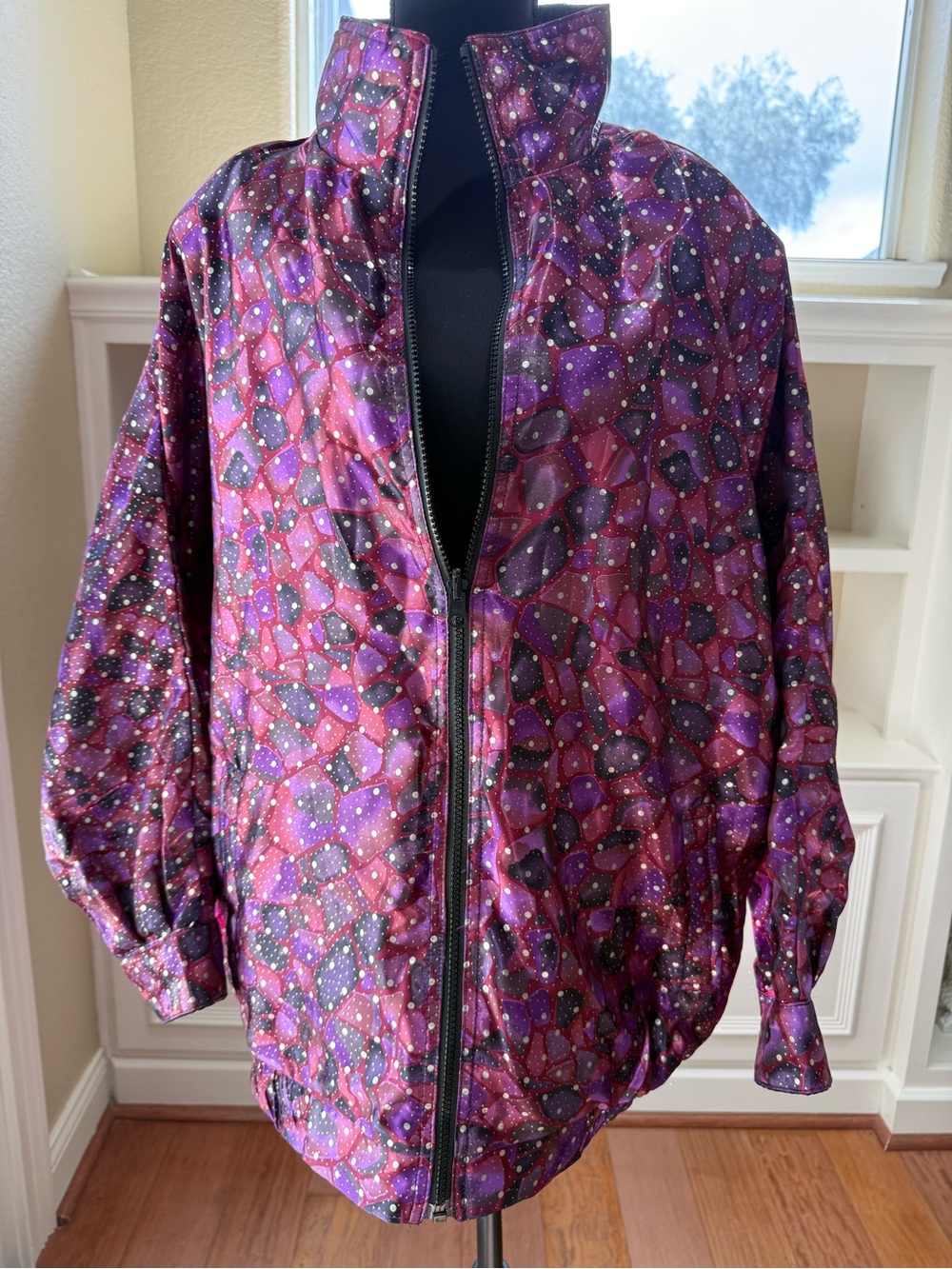 Reversible Shiny Bomber L Jacket Vintage Women Purple Patterned Black Zip-Front